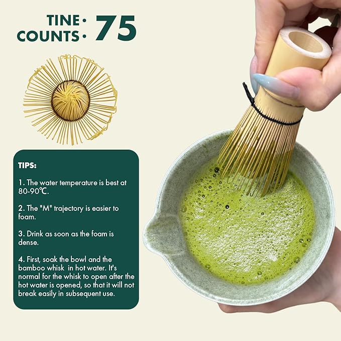 Matcha Whisk Set,9 Pcs Matcha Set with Matcha Bowl,Spout, Bamboo Whisk, Spoon Stand, Scoop, Sifter, Towel, Teaspoon and Glass Measuring Cup for Making Breakfast/Latte, Gift for Matcha Lover,Green