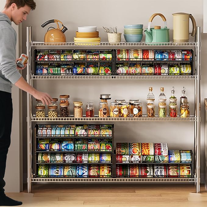 2-Pack Stackable Can Organizer for Pantry Shelf, Adjustable Extra-Long Rolling Can Rack for Kitchen Cupboard Storage, Sturdy Standing Can Holder for Canned Food Goods Soda up to 128, 2 Tier, Black