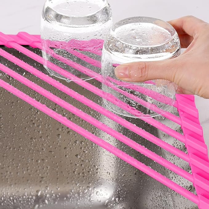 Tomorotec Compact Silicone-Coated Triangle Dish Drying Rack for Sink Corner - Foldable Stainless Steel Over-The-Sink Organizer and Storage Shelf (Hot Pink)