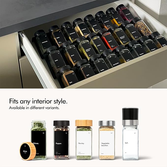 KIVY Drawer Spice Organizer + 24 Jars & 240 Labels - Seasoning Rack for Organization - Kitchen Drawer Insert for Spice Jars - Glass Seasoning Jars with Airtight Lids - Glass Spice Jars with Label