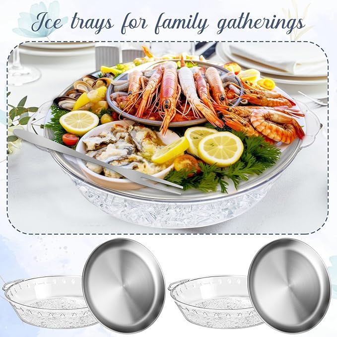 Baderke 6 Sets 11.8" Chilled Serving Tray for Parties Round Iced Platter with Ice Underneath Stainless Steel Clip Fruit Fork Shrimp Cocktail Serving Dish for Oysters Crawfish Fruits (Original)