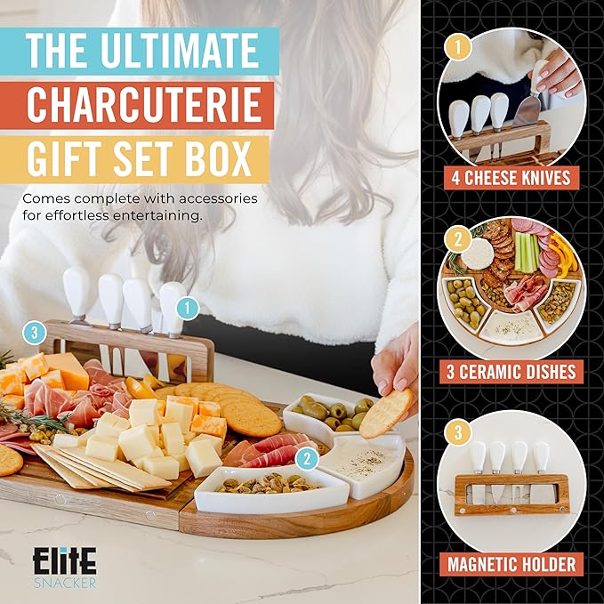 Large Wooden Charcuterie Board Set (Sealed Clear Finish) - 3-Piece Magnetic Long Serving Board Tray with Charcuterie Accessories - Acacia Wood Cheese Platter with Cheese Knife Set & Dishes - Brown