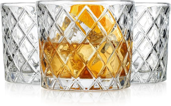 Glaver's Whiskey Glasses Set of 4. 10oz. Double Old Fashioned Glass for Cocktail Bourbon Rock Glasses,Bar Glass for Scotch Tequlia Rum. Diamond Cut. Gift for him
