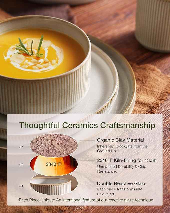 Famiware Star Dinnerware Set with Pasta Bowls, Service for 6 (24 Pieces), Ribbed Stoneware Plates and Double Bowls Sets - Chip & Scratch Resistant, Microwave & Dishwasher Safe Dishes, Cappuccino White