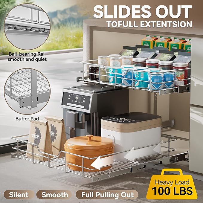 2 Tier Pull Out Cabinet Organizer 15" W X 17" D, Slide Out Drawers for Kitchen Cabinets, Pull Out Drawers for Cabinets Capacity Heavy Duty Caddy, Cabinet Pullout Shelves Chrome-Plated,Bathroom Pantry