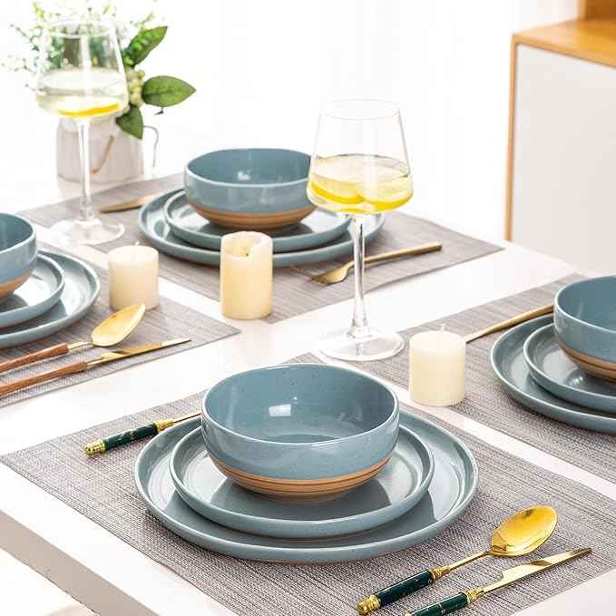 AmorArc Ceramic Dinnerware Sets for 4, 12 Pieces Handpainted Plates and Bowls Set with Rustic Terracotta Underside, Scratch Resistant Stoneware Dishes Set, Dishwasher & Microwave Safe, Stone Blue