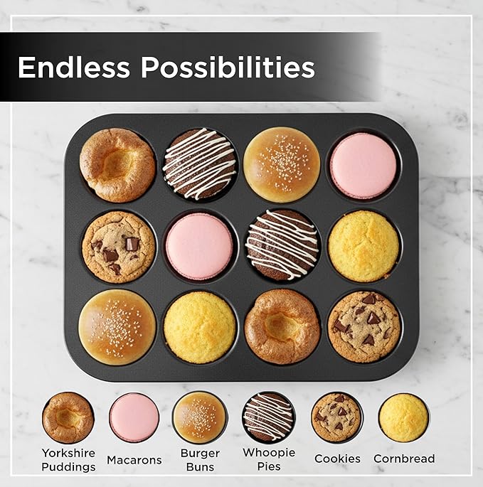 Wrenbury Nonstick Whoopie Pie Pan 12-Cup - Carbon Steel Shallow Baking Tray for Muffin Tops Macarons Cookies Yorkshire Puddings Cornbread & Burger Buns