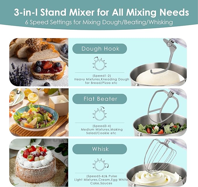 Kitchen in the box Stand Mixer - 6.5 Quart Mixing Bowl with Handle, 900 Watt Heavy Bread Dough Standing Mixers Tilt-head with Dough Hook, Whisk, Flat Beater and Splash Guard (Blue)
