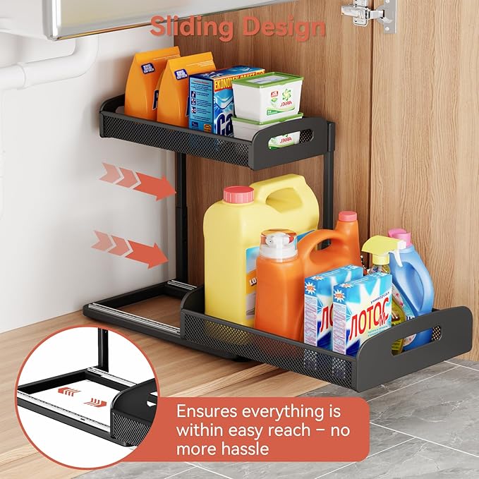 YASONIC 2 Pack Under Sink Organizer, 2 Tier Height Adjustable Kitchen Cabinet Organizer, Pull Out Metal Cabinet Shelf Organizer, Under the Sink Organizers and Storage for Kitchen & Bathroom, Black
