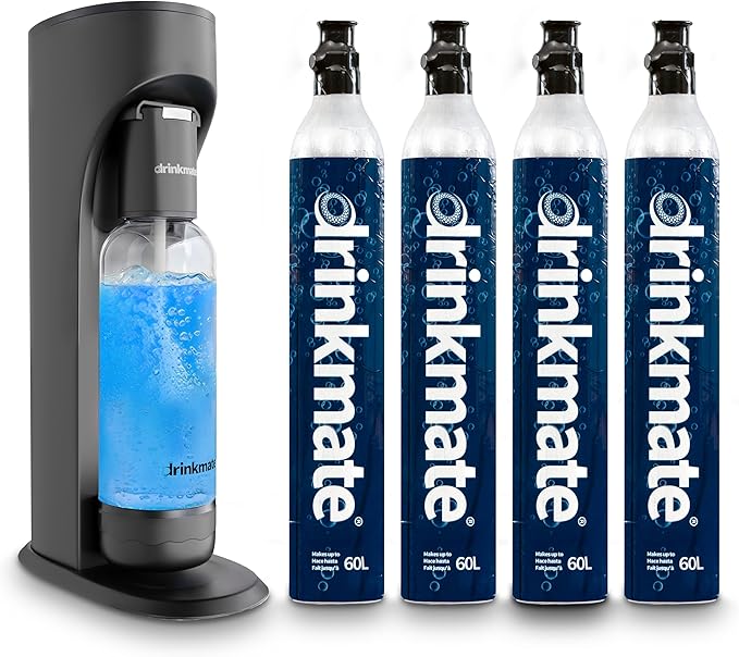 Drinkmate OmniFizz Sparkling Water Maker & Soda Streaming Machine | Carbonates Any Drink | PREMIUM KIT | Includes Four 60L CO2 Cartridges + One BPA-Free Bottle (Matte Black)