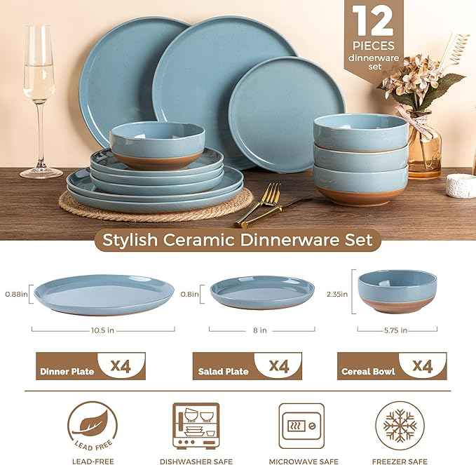 AmorArc Ceramic Dinnerware Sets for 4, 12 Pieces Handpainted Plates and Bowls Set with Rustic Terracotta Underside, Scratch Resistant Stoneware Dishes Set, Dishwasher & Microwave Safe, Stone Blue