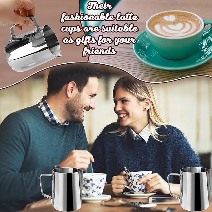 6 Pack Milk Frothing Pitcher Stainless Steel 20 oz Espresso Steaming Pitchers with Handle Milk Frother Cup for Kitchen Coffee Bar Latte Art Hot Chocolate