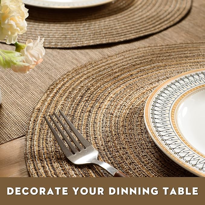 FunWheat Round Braided Placemats Set of 8 Place mats for Dining Tables Woven Heat Resistant Table Mats 15 inch for Fall (E Brown, 8pcs)