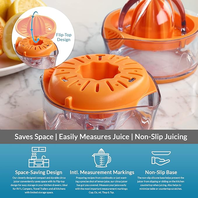 Citrus Squeezer - Orange Juicer - Manual hand Juicer - Lemon Lime Squeezer with Measuring Cup and Strainer - Space Saving and easy to use - Dishwasher Safe - Gift for Women - 8OZ (Orange)