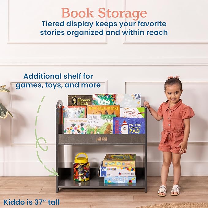 ECR4Kids 3-Shelf Floor Book Display with Handles and Storage, 30in, Kids Bookshelf, Grey Wash