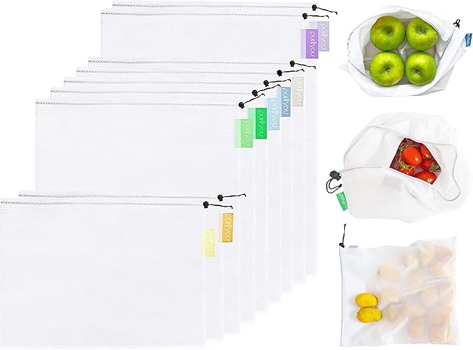 purifyou Set of 9 Reusable Produce Bags – Heavy Duty Washable Mesh Grocery Bags with Drawstring, Ideal for Farmers Market, Beach Storage, Refrigerator Use (Extra Large, Large, Small)