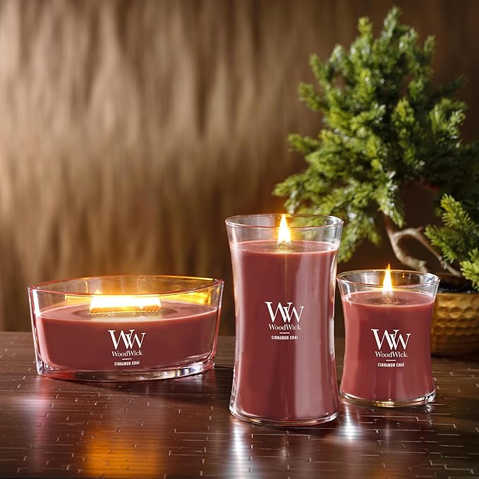 WoodWick Cinnamon Chai Holiday Candle Gifts for Women and Men, 16 oz Ellipse Candle with Crackling Wick
