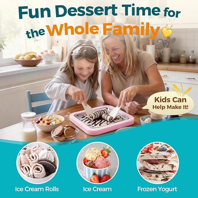 Rolled Ice Cream Maker with Quick Start Guide - DIY Instant Ice Cream Tray Kit, Includes 2 Scrapers for Manual Homemade Ice Cream Rolls, Frozen Yogurt, Sorbets & Slushies, No Electricity Needed（pink）