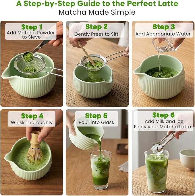 Matcha Whisk Set, 15PCS Ceramic Matcha Bowl Kit, Includes Bamboo Whisk & Holder, Glass Measuring Cup, Caddy, Sifter, Scoop, Tea Towel, Tea Mat, Making Sets for Lovers, Green