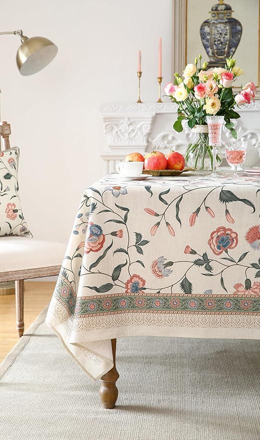 ISAENNE Designer Chinoiserie Linen Floral Long Tablecloth Rectangle,White Wrinkle Resistant Table Cloth,Elegant Decor Tablecloths for Dining Thanksgiving Kitchen Party Christmas,63"*94"-Daffy