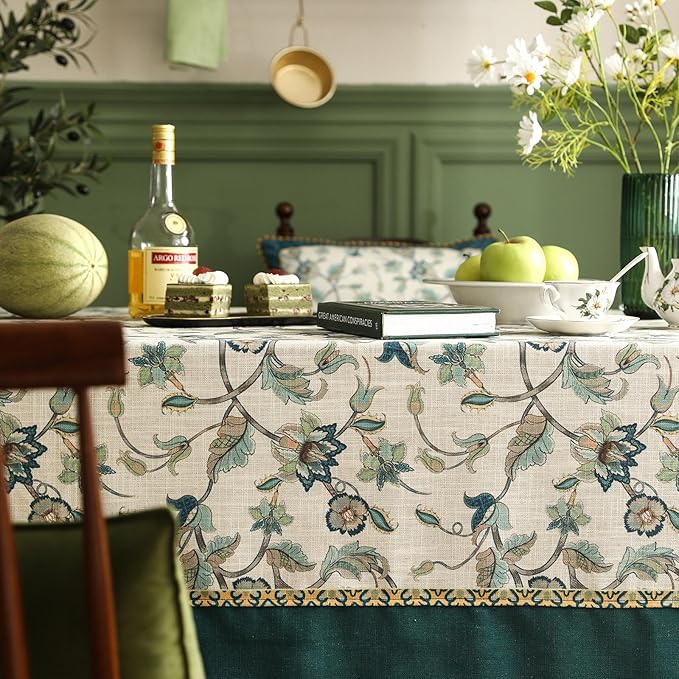 patdrea Designer Green Small Linen Table Cloth for Rectangle Table,Vintage Floral Pattern Durable Tablecloth,French Cover Decor for Kitchen Dining,Christmas,Thanksgiving,Tea Party,55"x71"-Noah