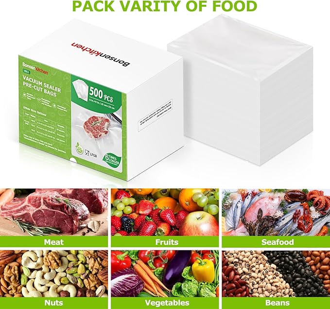 Bonsenkitchen Precut Vacuum Sealer Bags, 500 Pint 6" x 9" Food Sealer Bags,Commercial Grade, BPA Free, Heavy Duty, Customized Size Vacuum Bags for Vac Storage, Meal Prep or Sous Vide Cooking, VB11