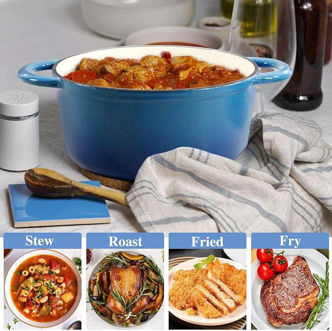 5QT Cast Iron Dutch Oven with Lid, Heavy-Duty Enameled Soup Pot with Dual Handles and Oven Safe for Bread Baking, Braising, Cooking and Family Gifts, Blue