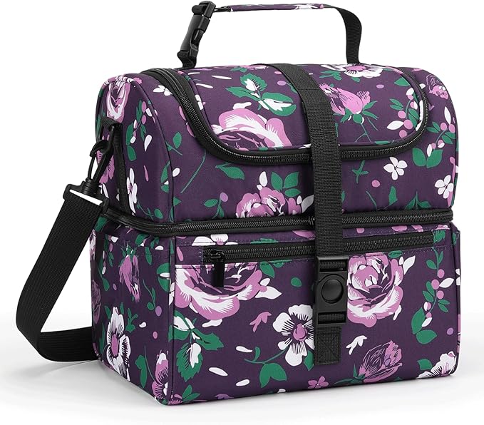 PBRO Double Deck Insulated Lunch Bag for Women,Large Reusable Lunch Box with Adjustable Shoulder Belt and Side Pockets,Cute Floral Leakproof Lunch Tote Cooler Bag for Adult Picnic,Working -Dark Purple