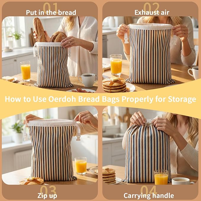 Reusable Beeswax Bread Bags-17"x13" Large Bread Bags for Sourdough & Homemade Cloth BreadBags Keeps Fresh Longer 2Pack (Vertical stripe pattern) | Stripe Pattern, Beeswax keep fresh, Large Size, Zipper, Snap-on