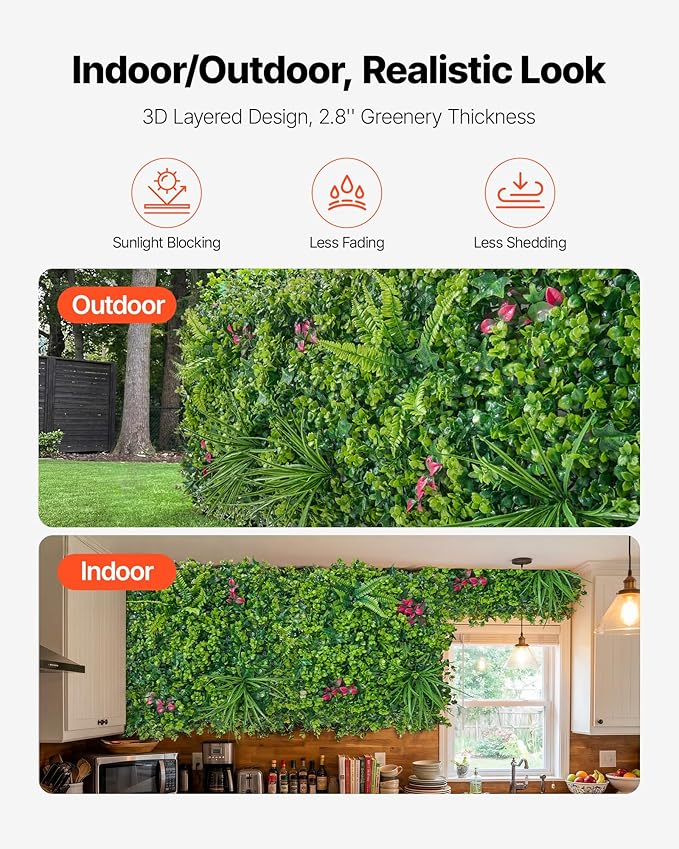 VEVOR Artificial Plant Wall, 16PCS 20 x 20 in Artificial Boxwood Panels, Greenery Backdrop Privacy Hedge Fence with Sun Protection, Fake Grass Wall Screen for Wedding, Indoor, Outdoor GardenMixed Leaf