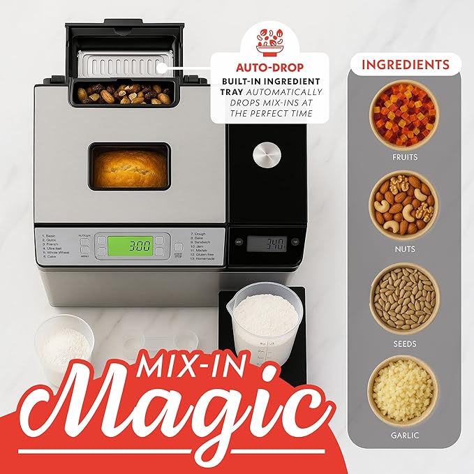 Gourmia Bread Maker with 2 LB Loaf Capacity - 13 Presets Jam Mode, Automatic Ingredient Dispenser, Customizable Crust Options, Keep Warm & Delay Start, Dishwasher Safe Parts