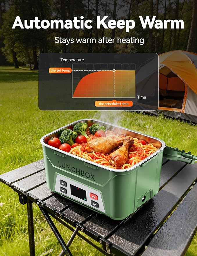 EAST OAK Heated Lunch Box for Men, Electric Lunch Box for Adults, 5.5 Cups Cordless Portable Food Warmer, Rechargeable Self Heating Food Heater with Memory Function, Automatic Keep Warm(Green)