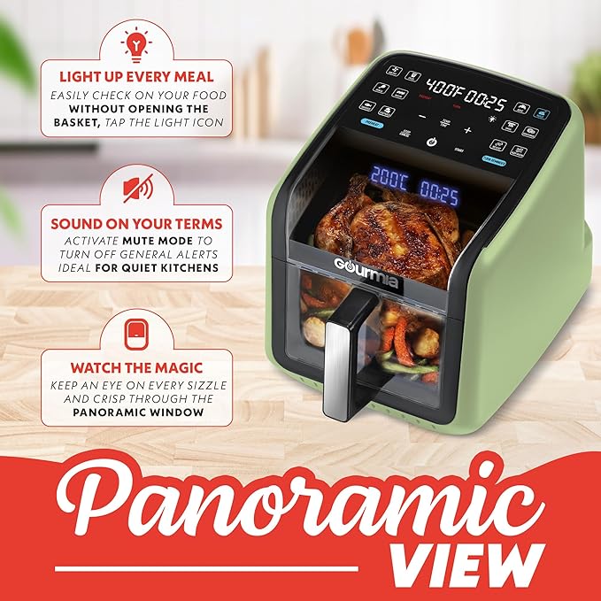 Gourmia Air Fryer 7 QT - Easy View Panorama Window & Interior Light, Guided Cooking with 12 One-Touch Presets, FryForce 360, Dishwasher Safe Accessories, Green