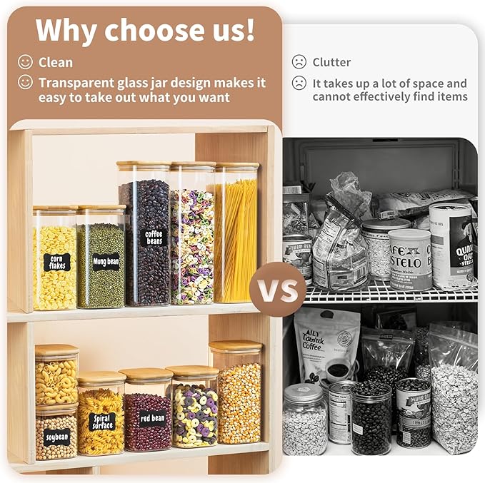 SENTVEND 73 Oz Glass Storage Jars with Bamboo Lids - 3 Pack Clear Glass Canisters Square Airtight Stackable Ideal for Pantry Storage Containers Great for Storing Oats Coffee Beans Pasta Flour Rice etc