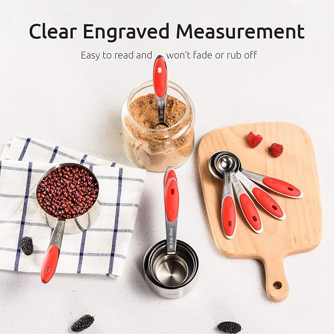 U-Taste 18/8 Stainless Steel Measuring Cups and Spoons Set of 10 Piece, Upgraded Thickness Handle and 1.5oz Heat Resistant Angled Turkey Baster with Cleaning Brush for Cooking Basting (Red)