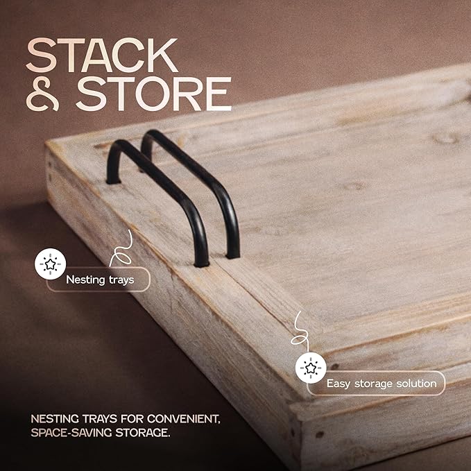 Besti Rustic Vintage Food Serving Trays (Set of 2) | Nesting Wooden Board with Metal Handles | Stylish Farmhouse Decor Serving Platters | Large: 15 x2 x11” - Small: 13 x2 x9” inches (Rustic)