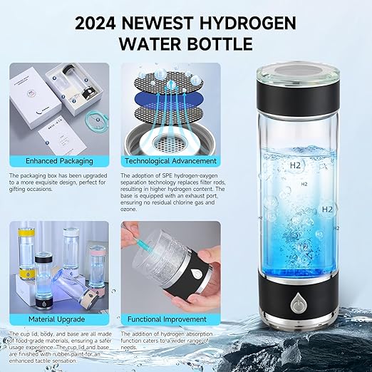 Hydrohealth Hydroh Hydrogen Water Bottle Generator, Portable and Rechargeable Hydro Health Hydrogen Water Bottle Glass with SPE Pem Technology,3 Min 4100 PPB Pure Hydrogen Rich Concentration