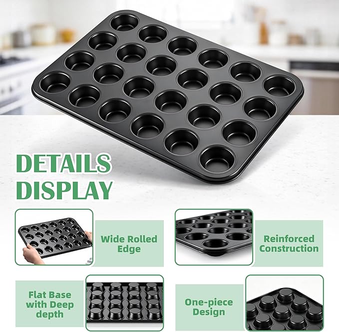 P&P CHEF 24-Cup Mini Muffin Pan Tin, Nonstick Carbon Steel Cupcake Pans, Versatile Bakeware Ideal for Mini Muffin Cupcake Egg Tart Pudding, Oven Safe & Even Bake, Healthy & Easy Clean, Black, 1Pc