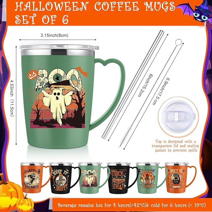 6 Pcs Halloween Coffee Mugs Cups 16 oz Halloween Stainless Steel Insulated Tumblers Bulk with Handle Lid Straw Brushes Spooky Ghost Face Monster Black Cat Mugs Trick or Treat Gifts