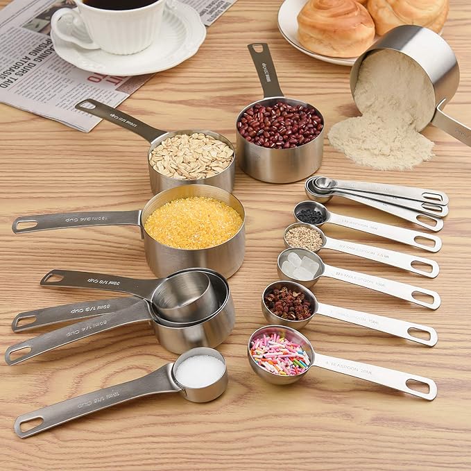Smithcraft 18/8 Stainless Steel Measuring Cups and Spoons Set, Metric & US Metal Measure Cup and Spoon for Baking & Kitchen, Heavy Duty 7 Measuring Cups & 8 Spoons With Leveler