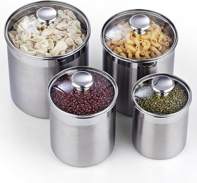 Cooks Standard Stainless Steel Food Jar Storage Canister Set Medium 4-Piece, 0.95qt/1.6qt/2.5qt/3.5qt Airtight Containers with Glass Lid for Tea Coffee Sugar Flour