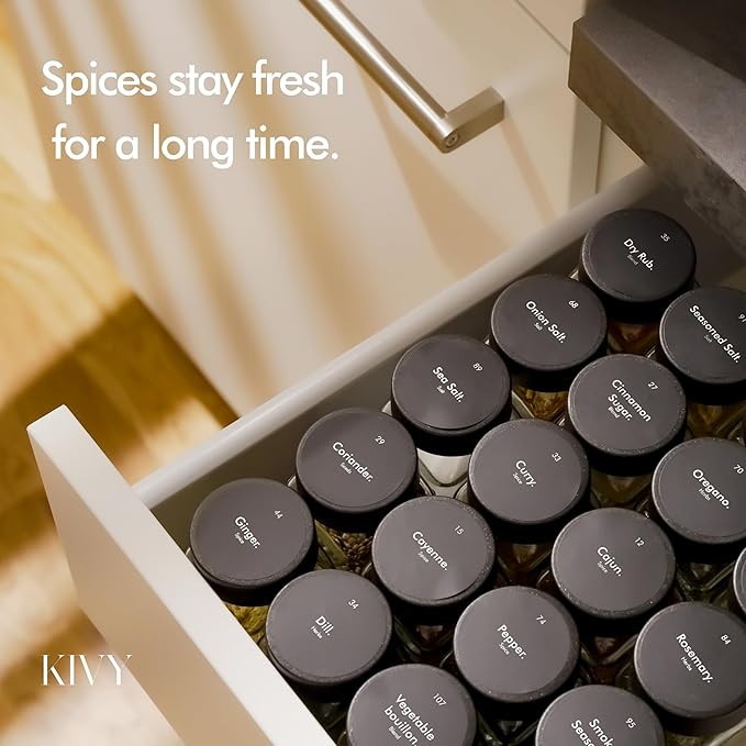 KIVY Glass Spice jars with Label & Shaker Lids [24x 4oz] Airtight Seasoning Containers for Cabinet & Drawer - Empty Spice Bottles - Spice containers with labels - Black spice jars with black lids