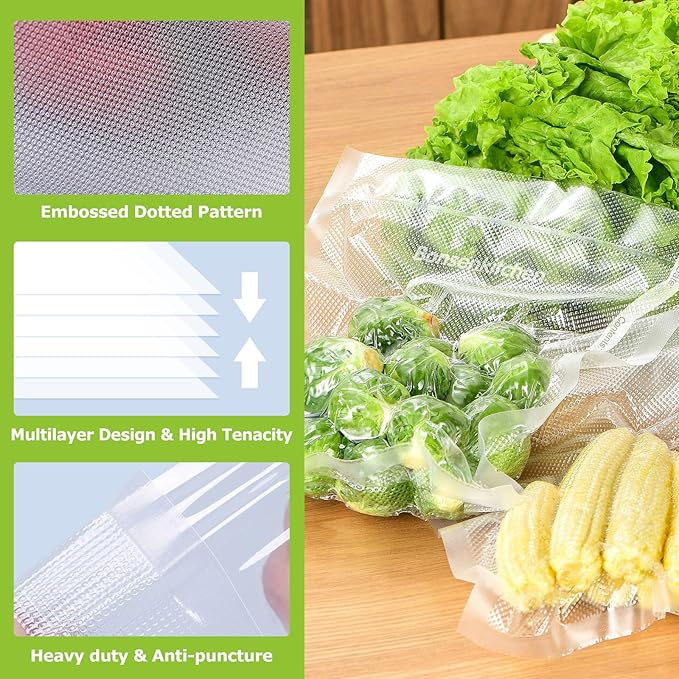 Bonsenkitchen Vacuum Sealer Rolls Bags, 6 Pack 3 Rolls 11" x 20' + 3 Rolls 8" x 20' Commercial Grade BPA Free Bag Rolls, Durable Customized Size Food Vac Bags for Storage and Sous Vide Cooking VB3211