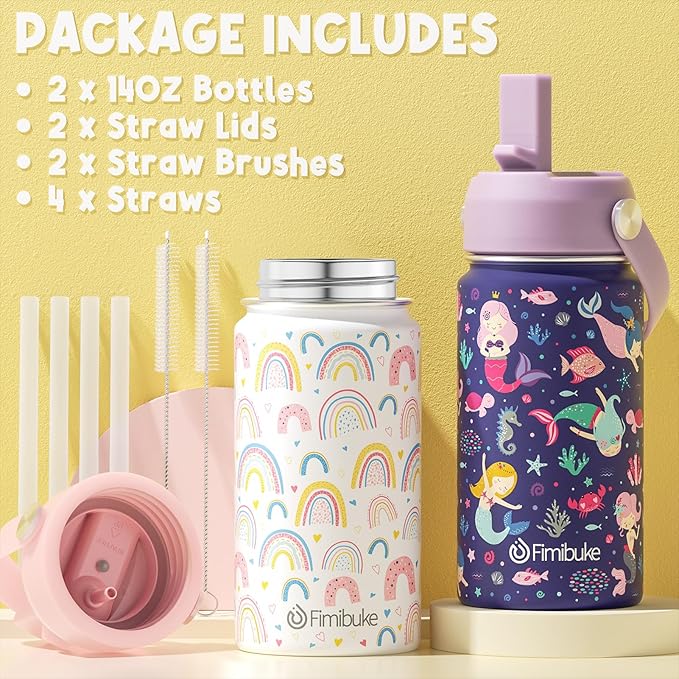 Fimibuke Kids Insulated Water Bottle, 14oz BPA FREE Double Wall Vacuum Tumbler 18/8 Stainless Steel Leak Proof Kids Cups with Straw Metal Water Bottle for School Boy Girl (2 Pack, RAINBOW/MERMAID)