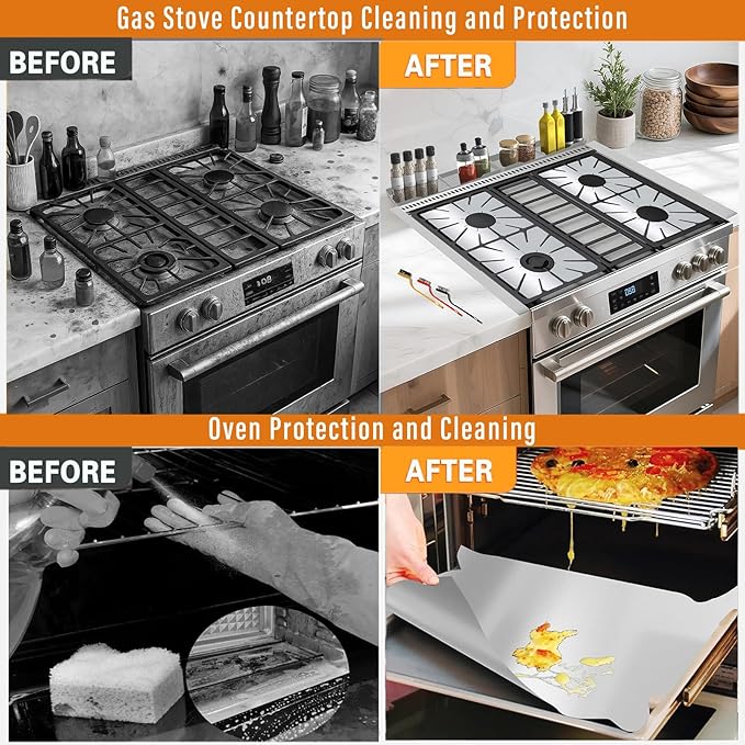 Stove Gap Covers Stainless Steel 2PC(0.08"–0.7"W,13.8"–27.5"L)+4PC Gas Burner Covers+2PC Oven Liners+30"(2x15") Silicone Magnetic Stove Shelf|Universal Gas Stove Accessory Bundle Bonus 3 Brushes