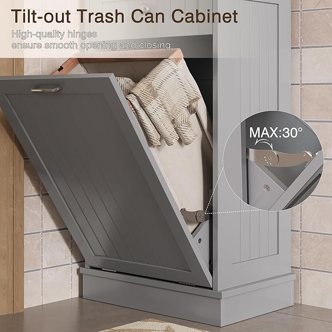KIGOTY Tilt Out Trash Cabinet,Wooden Kitchen Trash Bin Holder Garbage Bin Recycling Cabinet Laundry Hamper with Solid Wood Countertop and Hideaway Drawer (Gray)
