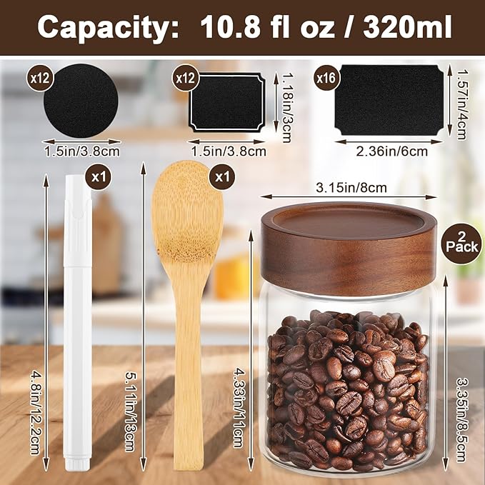 11oz Glass Jar with Wood Lid, 2 Pack 320ml Glass Canister with Airtight Lids, Wooden Screw Top Coffee Jars Clear Kitchen Pantry Containers for Sugar, Tea, Overnight Oats, Bean, Candy, Cookie