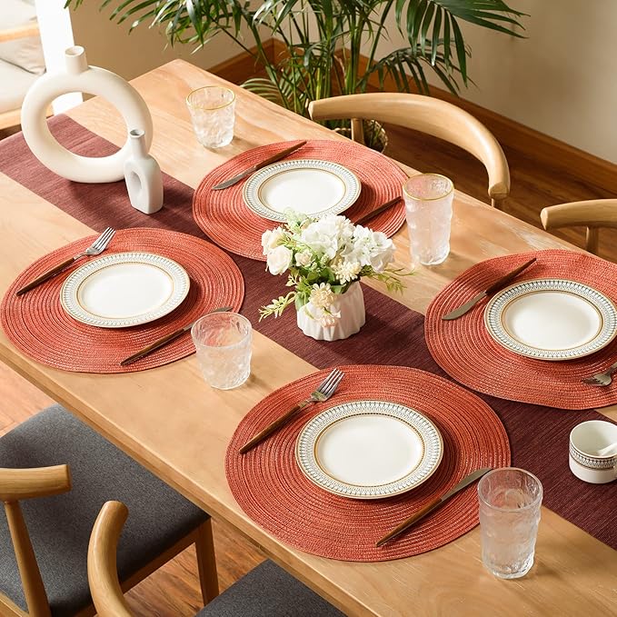 FunWheat Round Braided Placemats Set of 6 Place mats for Dining Tables Woven Heat Resistant Table Mats 15 inch for Fall(Orange)