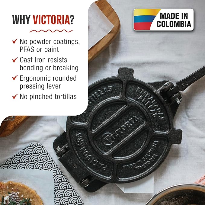 Victoria 8 Inches Cast Iron Tortilla Press, Roti Maker and Tortilladora, Pataconera Seasoned with Flaxseed Oil, Made in Colombia, Traditional Style, Black