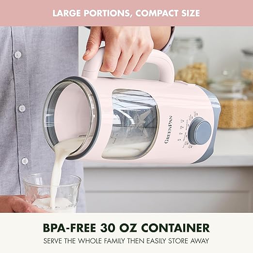 GreenPan Nut Milk Maker, 15-in-1 Homemade Soy, Almond, Oat, Coconut, Non-Dairy, Rice, Soup, Baby Food, BPA-Free, Smooth Creamy Texture, Self Clean, Barista Quality Milk, Delay Start, Boil Water, Pink